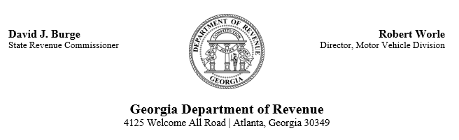 Department of Revenue Seal. David Burge, Commissioner.  Robert Worle, Director, Motor Vehicle Division