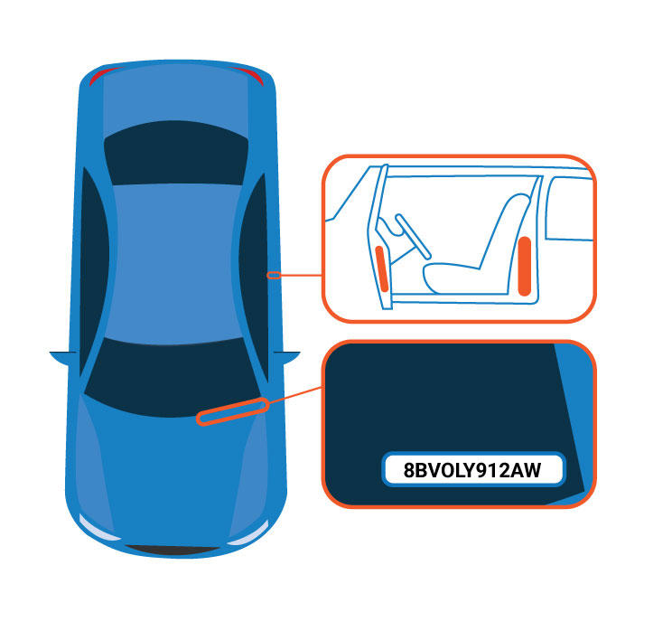 Image show location of VIN tag on door, door frame, and windshield